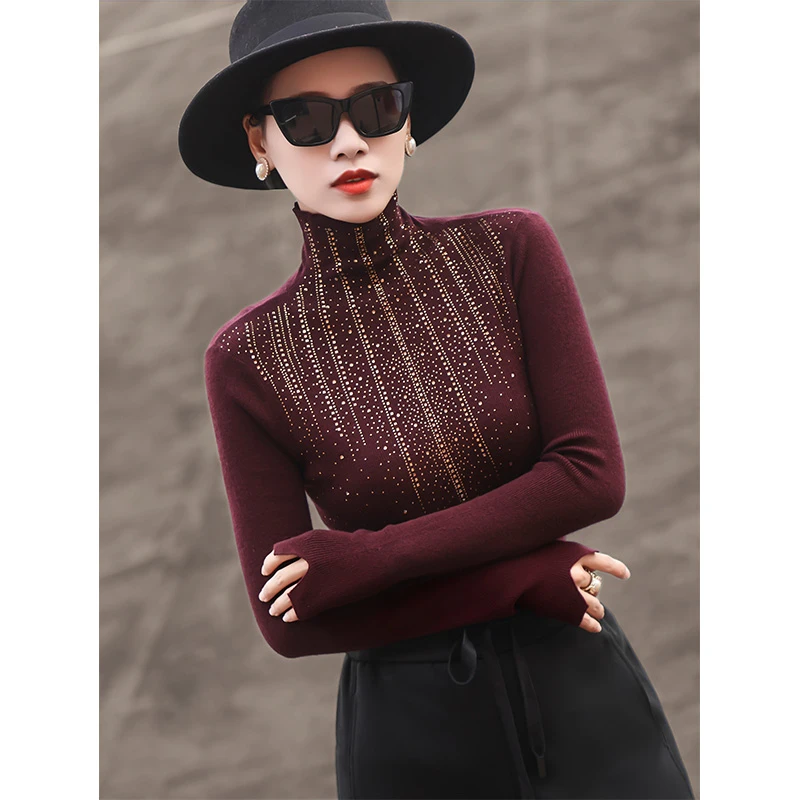 MEXCOCO/兰瑟儿秋冬季新款气质长袖烫钻高领打底针织衫女M4WZ5050