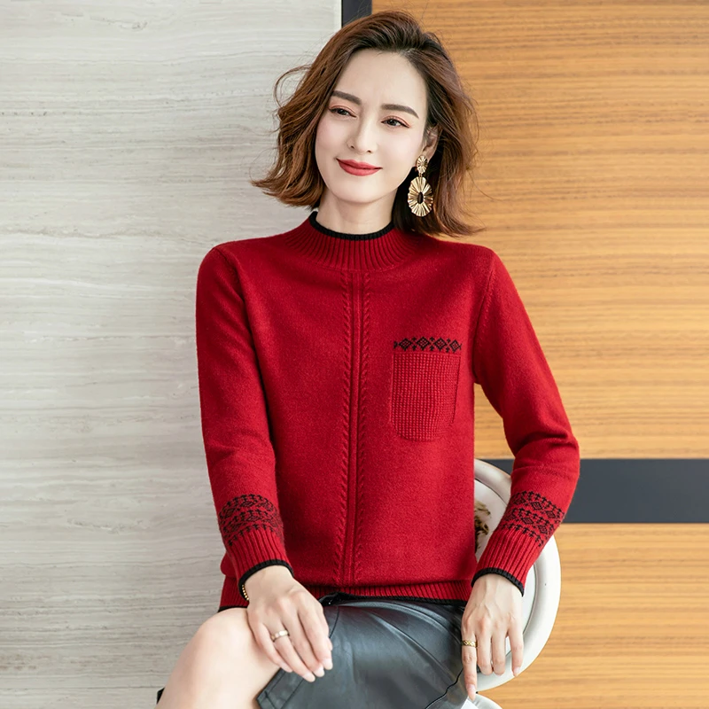 冬款新款百搭时尚宽松休闲洋气气质显瘦半高领套头长袖针织衫