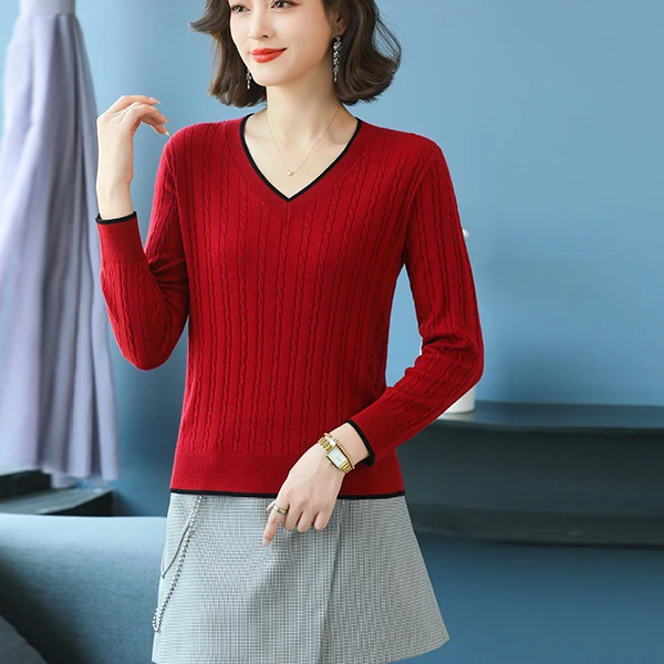 新款洋气时尚百搭气质显瘦宽松休闲V领秋款套头长袖针织衫