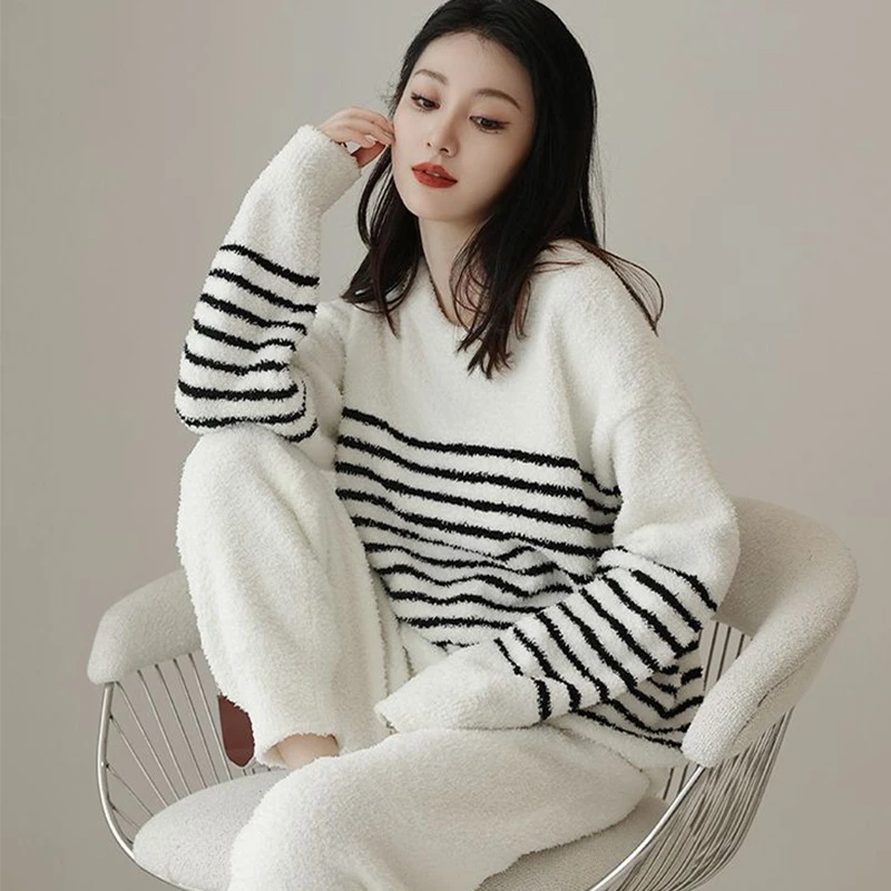 【钱老板粉丝专享】半边绒圆领套头条纹两件套J0215