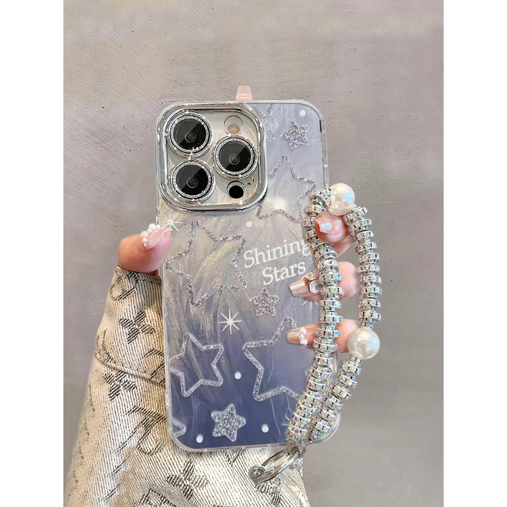 适用苹果16手机壳闪粉镜头膜14promax新款15pm带手链夏天小清新