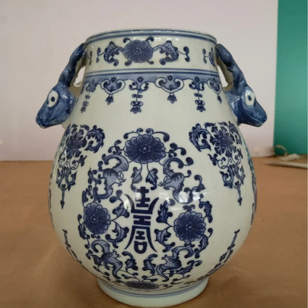 手工手绘复古青花双耳花瓶客厅玄关摆件