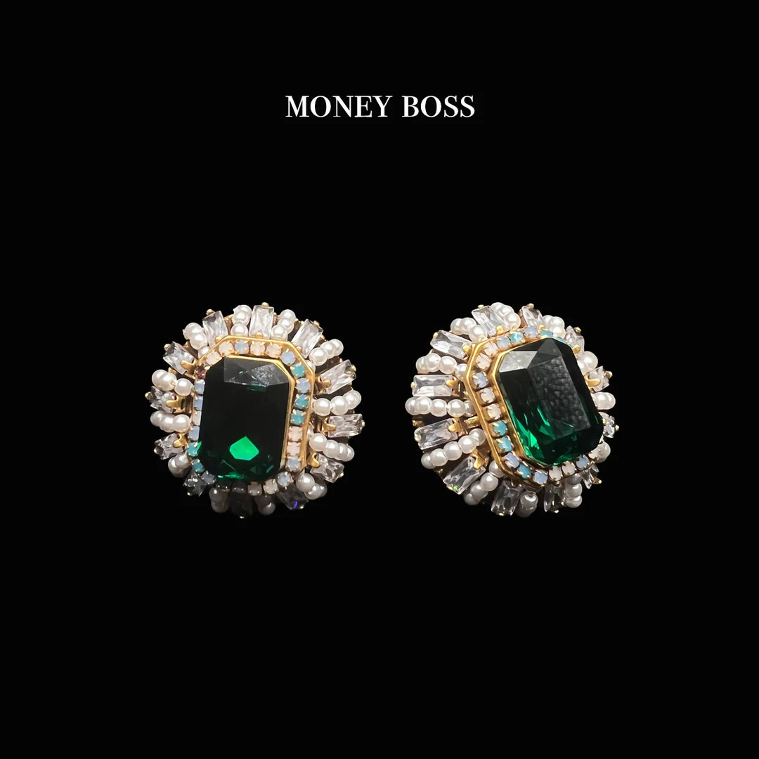 铜合金耳饰 中古vintage 法式气质轻奢绿色复古欧美简约镶嵌耳饰