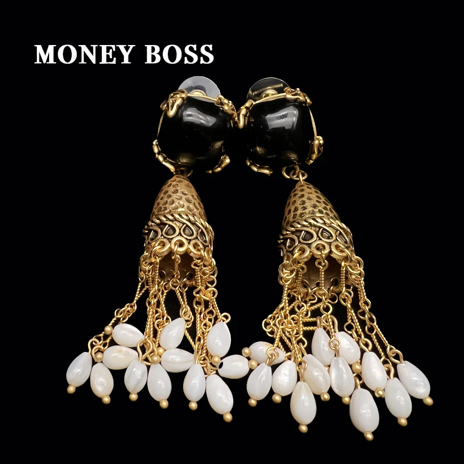 铜合金耳饰 中古vintage 长款宫廷风流苏复古镶嵌气质金色耳饰