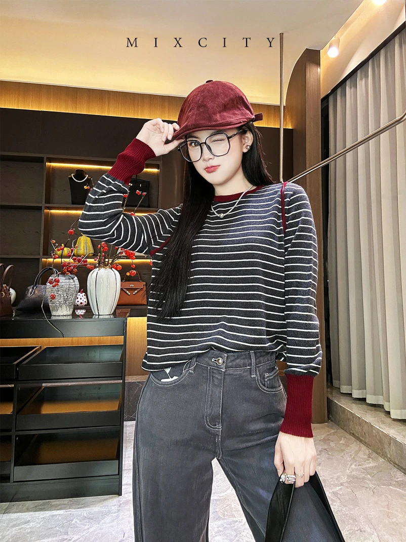 【亚楠本楠】撞色条纹◆日系慵懒风经典条纹撞色设计针织衫6134