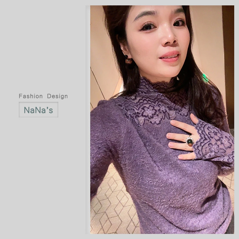 娜娜韩系高领蕾丝钩花高级感内搭名媛风网纱打底衫6699气质长袖