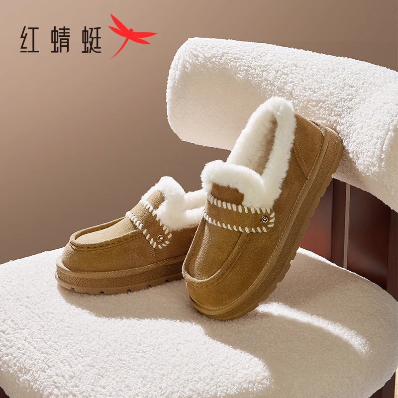 红蜻蜓雪地靴2024冬季新款女鞋厚底一脚蹬加绒加厚棉鞋毛毛豆豆鞋
