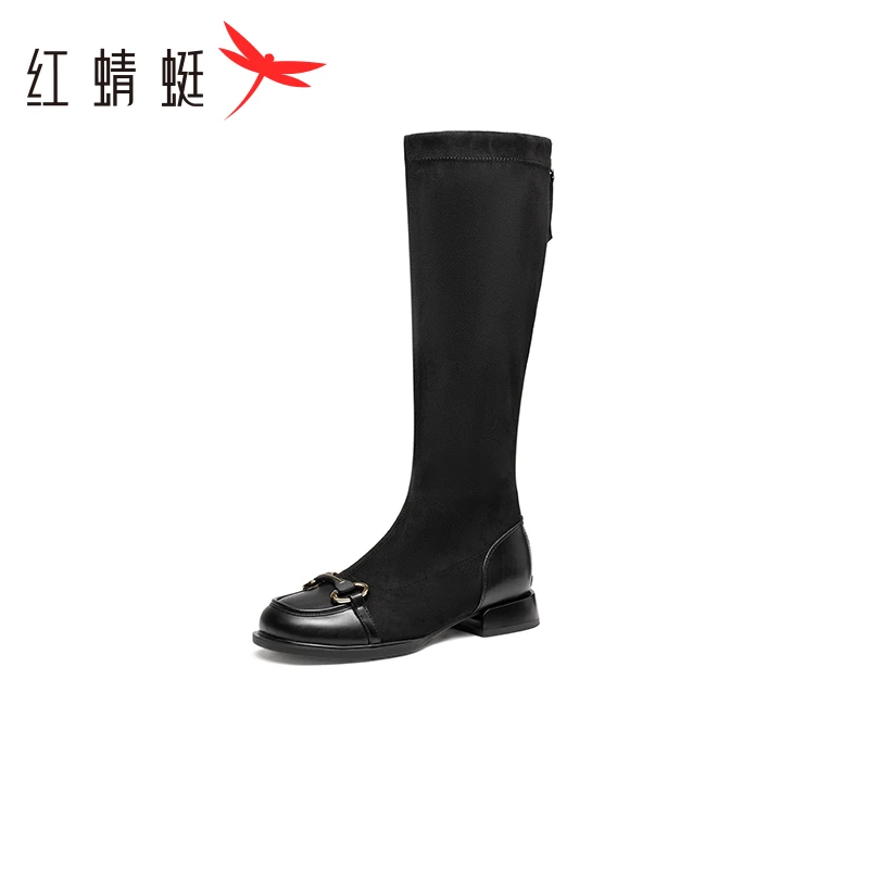 红蜻蜓一体弹力靴女2023秋季新款瘦瘦靴辣妹复古单靴粗跟增高靴子