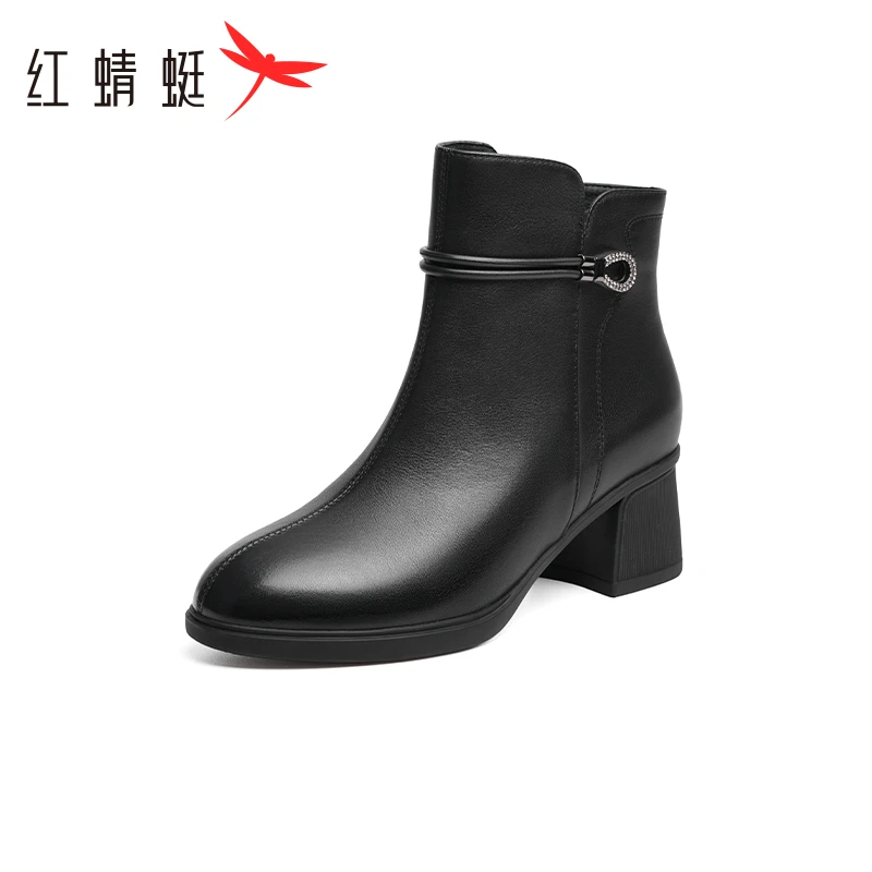 红蜻蜓妈妈靴2023冬季新款时装靴粗通百搭通勤女靴加绒保暖棉鞋女