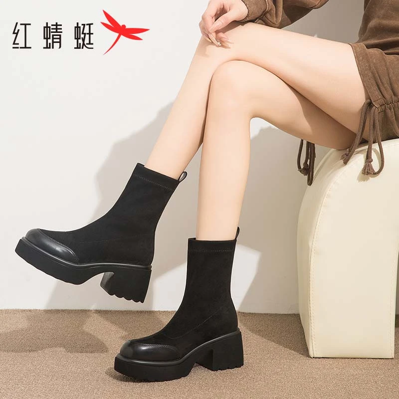 红蜻蜓弹力靴女2024新款秋季女靴厚底粗跟靴子时尚气质瘦瘦靴短靴