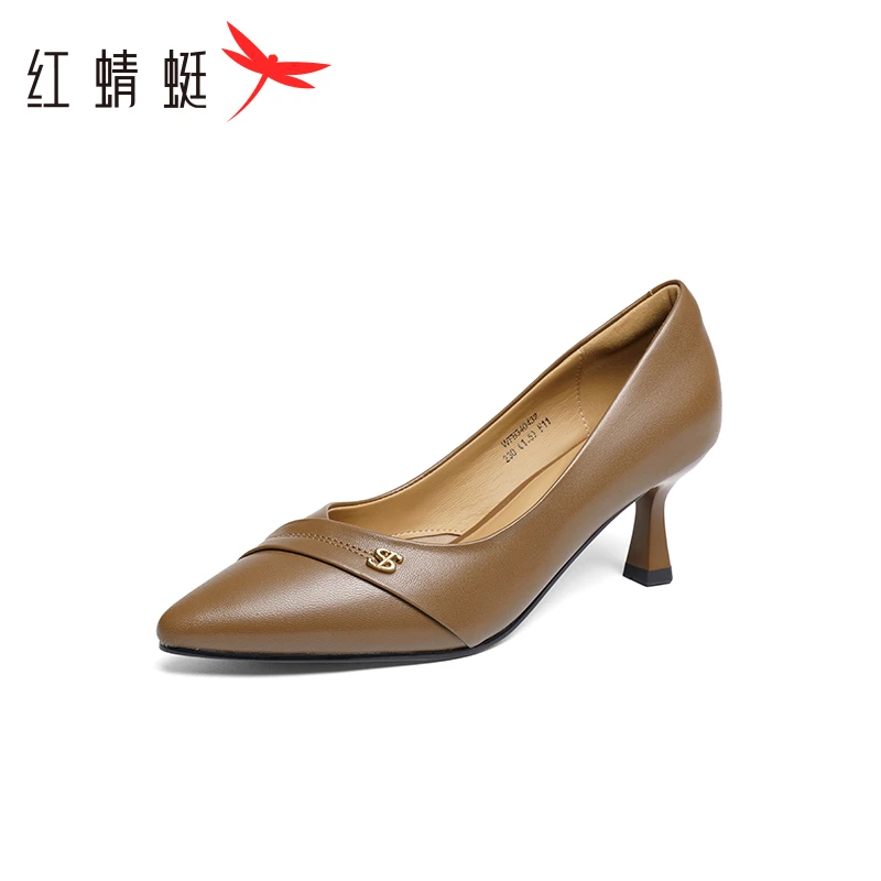 红蜻蜓高跟鞋2024新款法式细跟真皮单鞋女不累脚通勤职业羊皮女鞋