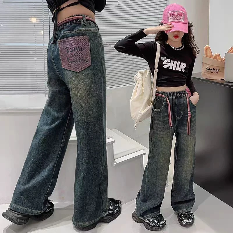 2025春秋新款女童时髦阔腿裤百搭网红儿童洋气学生中大童牛仔裤潮