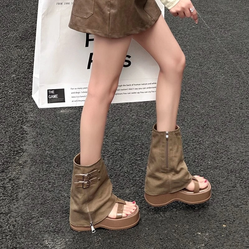 时尚百搭裤管靴子凉鞋女2025年秋冬季新款厚底机车甜酷风凉靴短靴