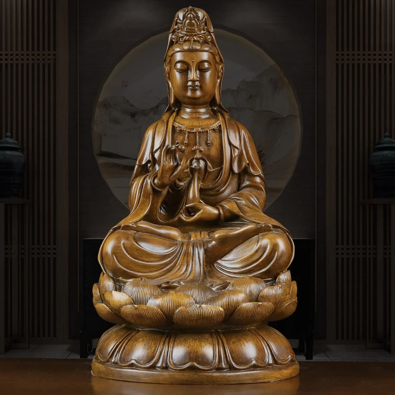 南海滴水观音菩萨摆件仿木雕刻观世音佛像工艺品中式客厅装饰6673