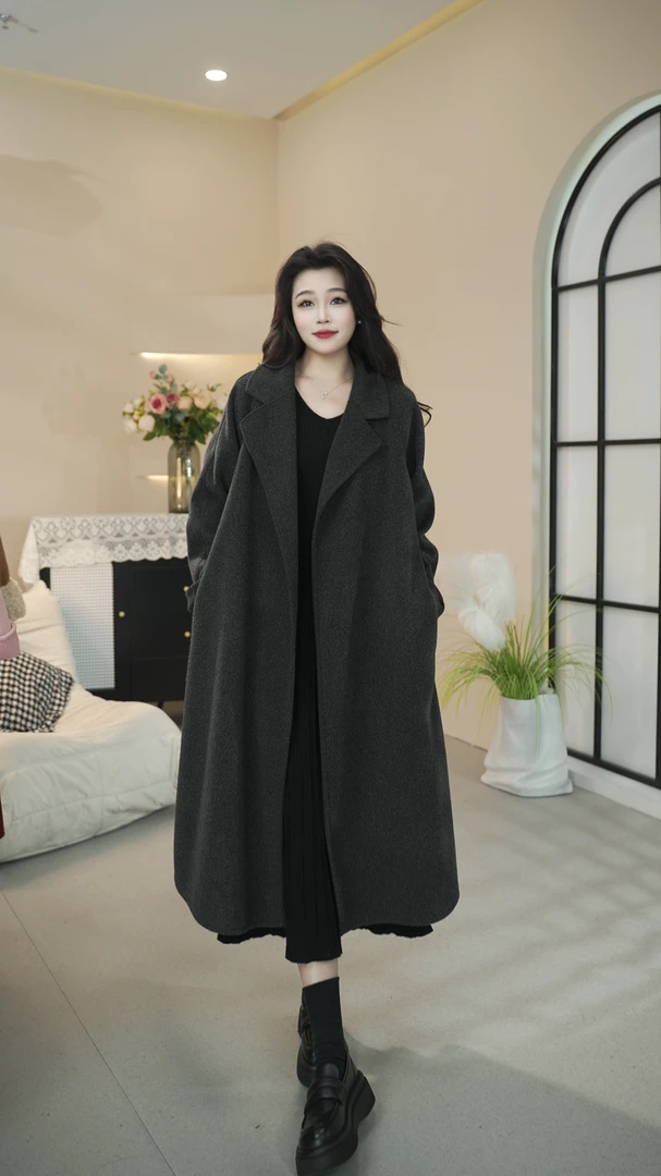 【诺诺新款02无扣】秋冬双面绒大衣素雅慵懒风网红外套气质赫本风