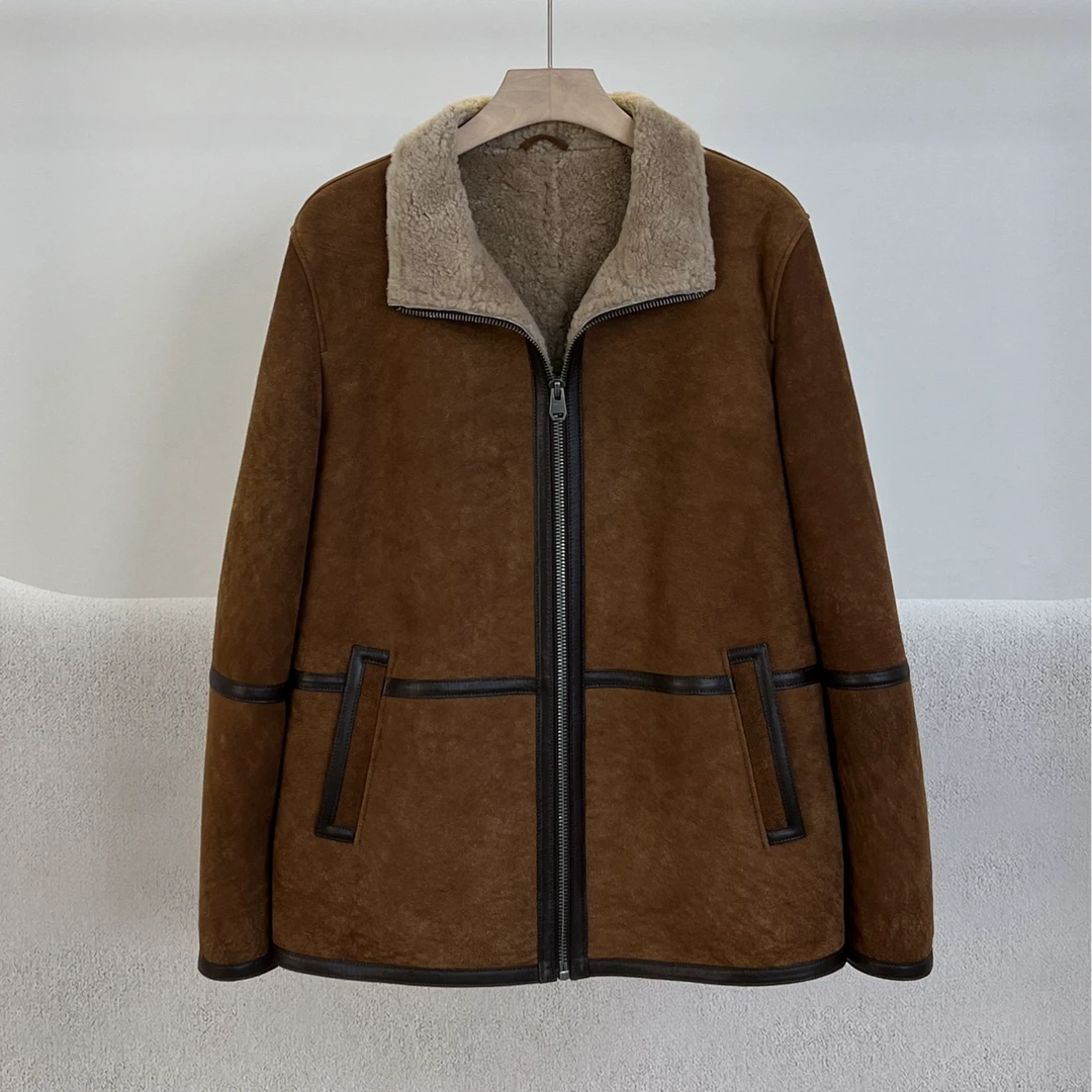 1908棕水洗系列进口小立领原生态皮毛一体男皮草冬季休闲外套