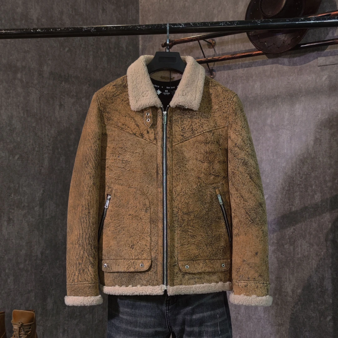 【水洗】86020泥金棕 进口法皮小立领原生态皮毛一体男皮草冬季断码