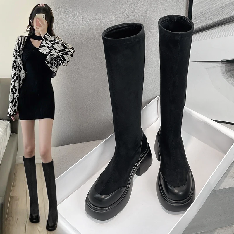 奥古狮登长筒靴女2023新款秋季厚底弹力瘦瘦靴大筒围粗腿胖mm长靴
