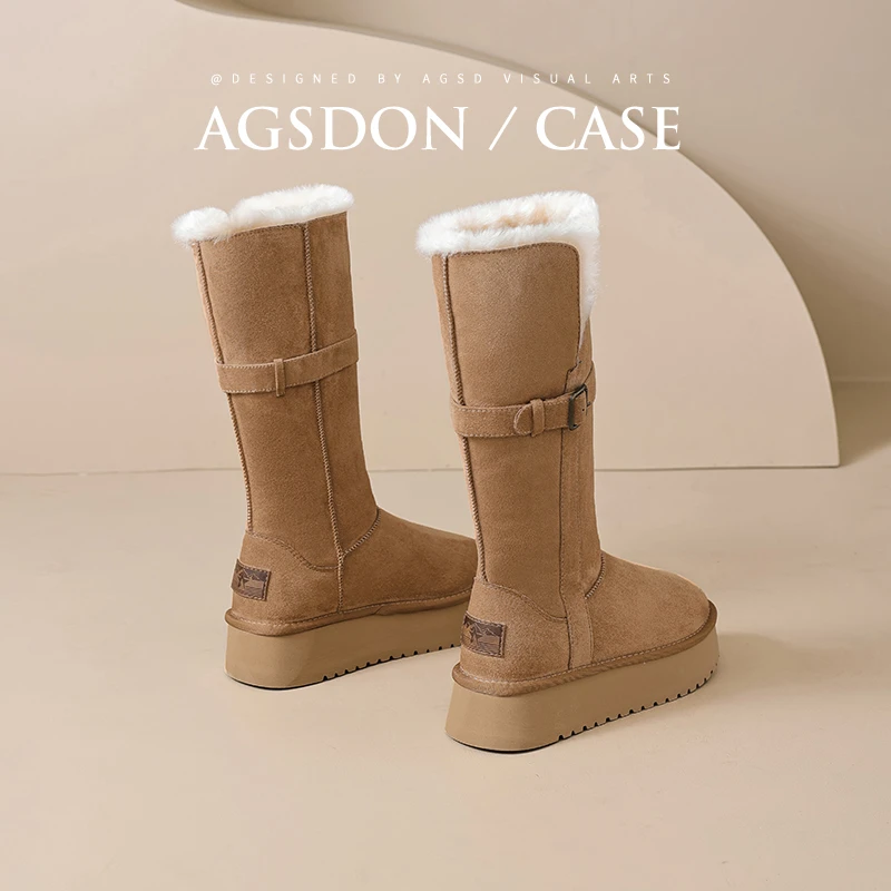 奥古狮登两穿长筒雪地靴女2025新款冬季加绒加厚保暖中筒厚底棉鞋