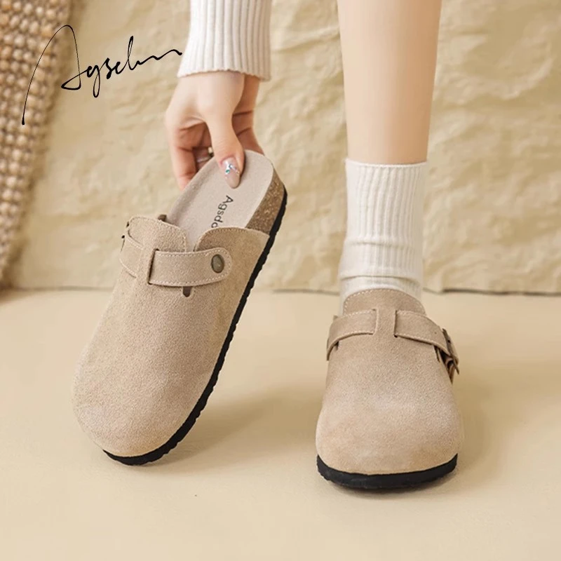 奥古狮登包头半拖鞋女外穿2025新款秋季真皮勃肯鞋一脚蹬懒人拖鞋