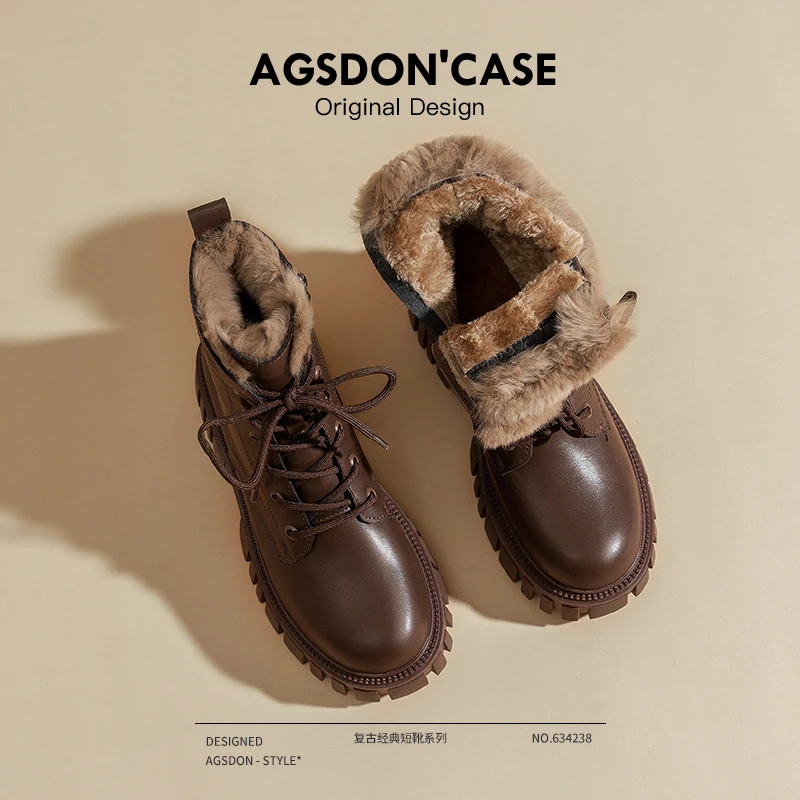 奥古狮登加绒马丁靴女款冬季2023新款复古棕色短靴厚底保暖雪地靴
