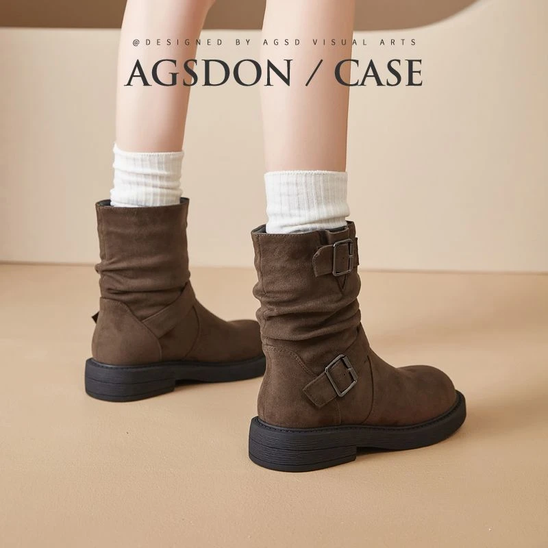 奥古狮登复古堆堆靴女2025新款秋季雅丹风中筒马丁靴西部牛仔短靴