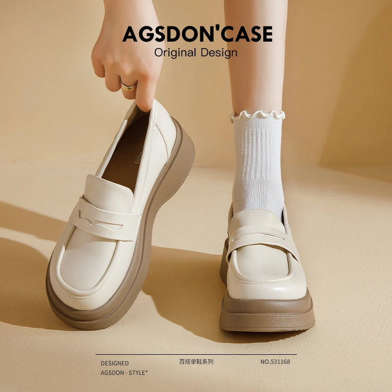 奥古狮登白色乐福鞋女款2025新款秋季厚底一脚蹬法式英伦风小皮鞋