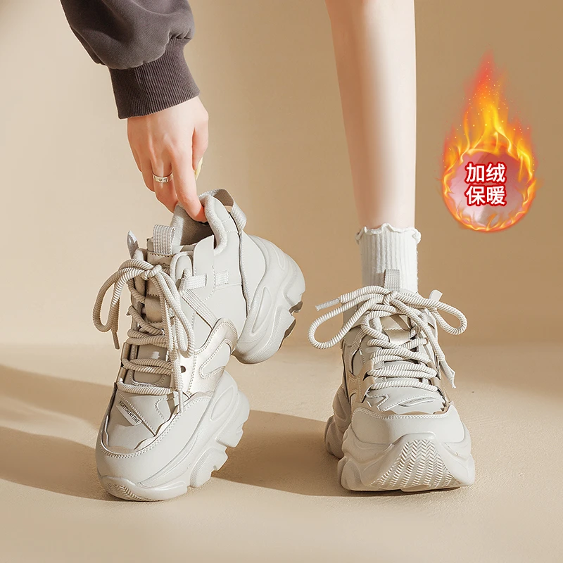 奥古狮登老爹鞋女2025新款秋冬季百搭厚底增高保暖棉鞋灰色运动鞋