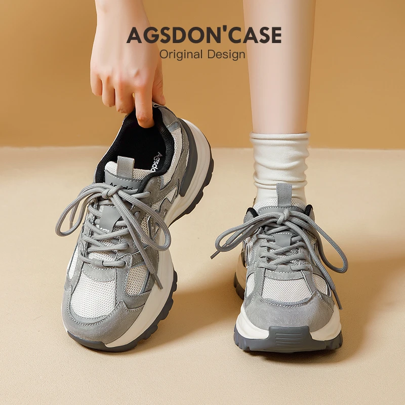 奥古狮登灰色老爹鞋女款2024新款春季厚底增高显脚小休闲运动鞋子