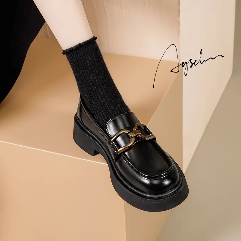 奥古狮登乐福鞋女2025新款春秋厚底粗跟英伦小皮鞋一脚蹬百搭单鞋