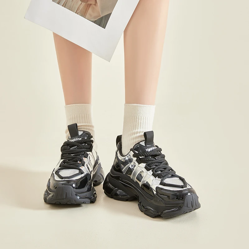 奥古狮登真皮老爹鞋女2024新款黑色厚底轻便跑步休闲鞋增高运动鞋