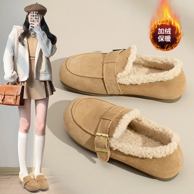 奥古狮登加绒勃肯鞋女款2025新款秋冬真皮保暖棉鞋豆豆鞋毛毛单鞋