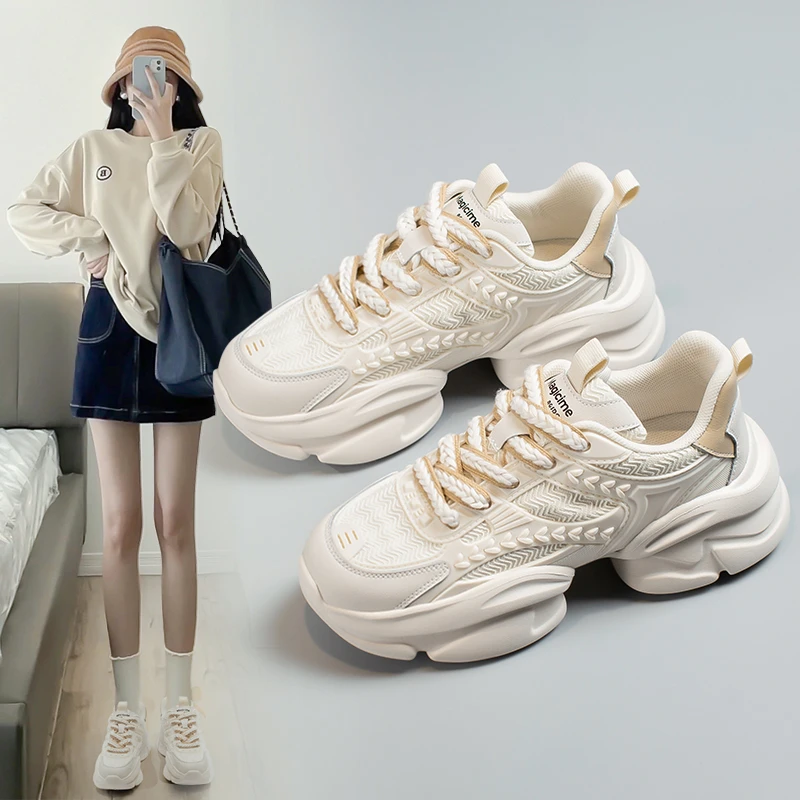 奥古狮登真皮老爹鞋2024爆款百搭网面厚底增高透气休闲女鞋运动鞋