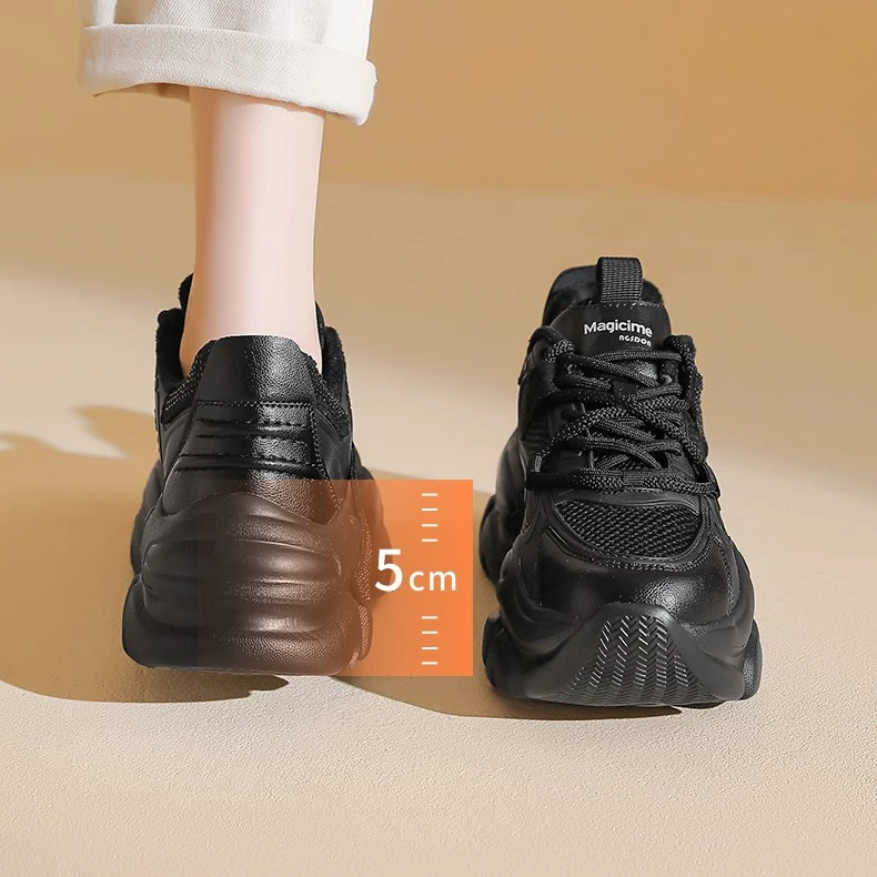 奥古狮登真皮老爹鞋春秋加绒厚底增高显脚小百搭运动时尚休闲女鞋