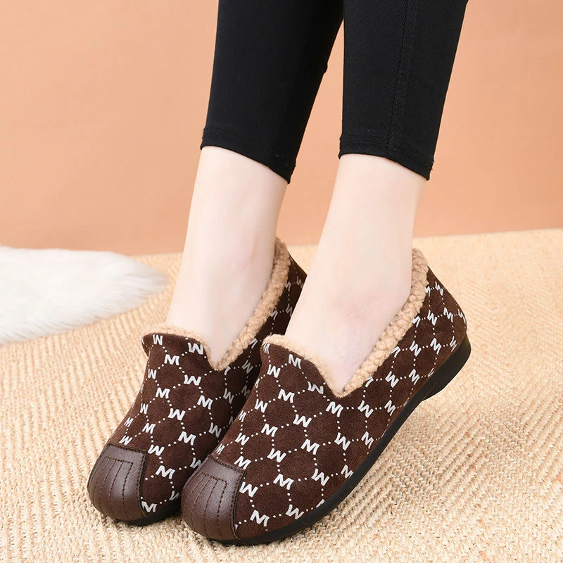 新款加绒豆豆鞋女冬季新款时尚保暖加厚一脚蹬休闲棉鞋防滑毛毛鞋