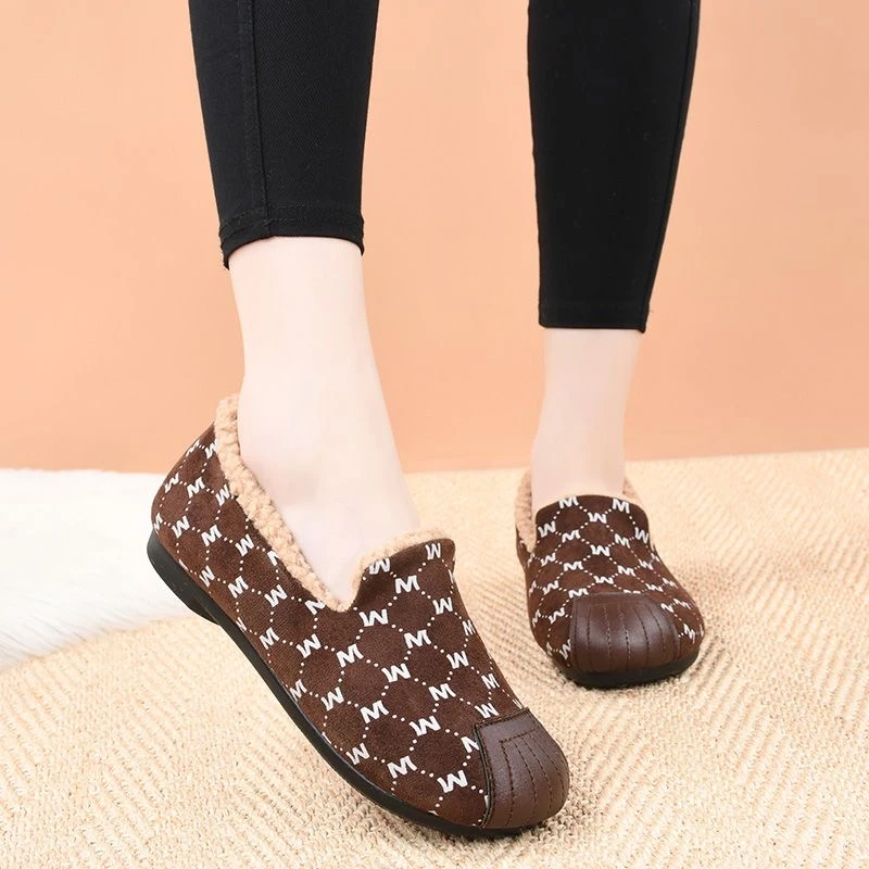 新款加绒豆豆鞋女冬季新款时尚保暖加厚一脚蹬休闲棉鞋防滑毛毛鞋