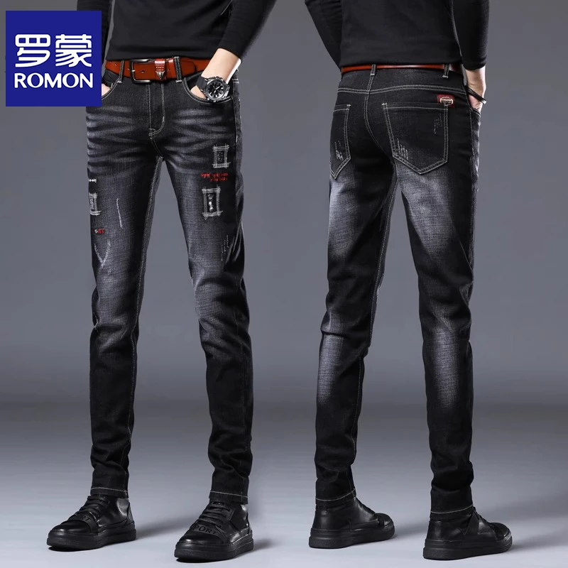 罗蒙高端刺绣牛仔裤男士秋冬季款潮牌弹力修身小脚百搭休闲裤子男