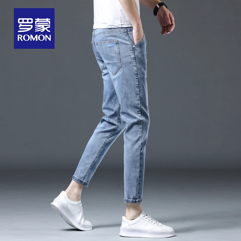 罗蒙九分牛仔裤男士秋季时尚潮牌修身弹力小脚休闲裤子男百搭春秋