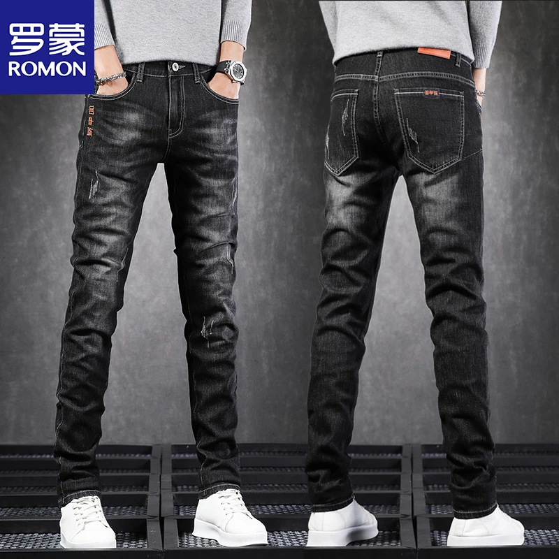 罗蒙男士春秋季刺绣牛仔裤2025新款弹力修身直筒休闲长裤子男百搭