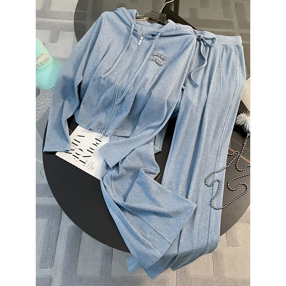早秋穿搭时尚休闲运动套装女秋洋气蓝色减龄连帽卫衣阔腿裤两件套