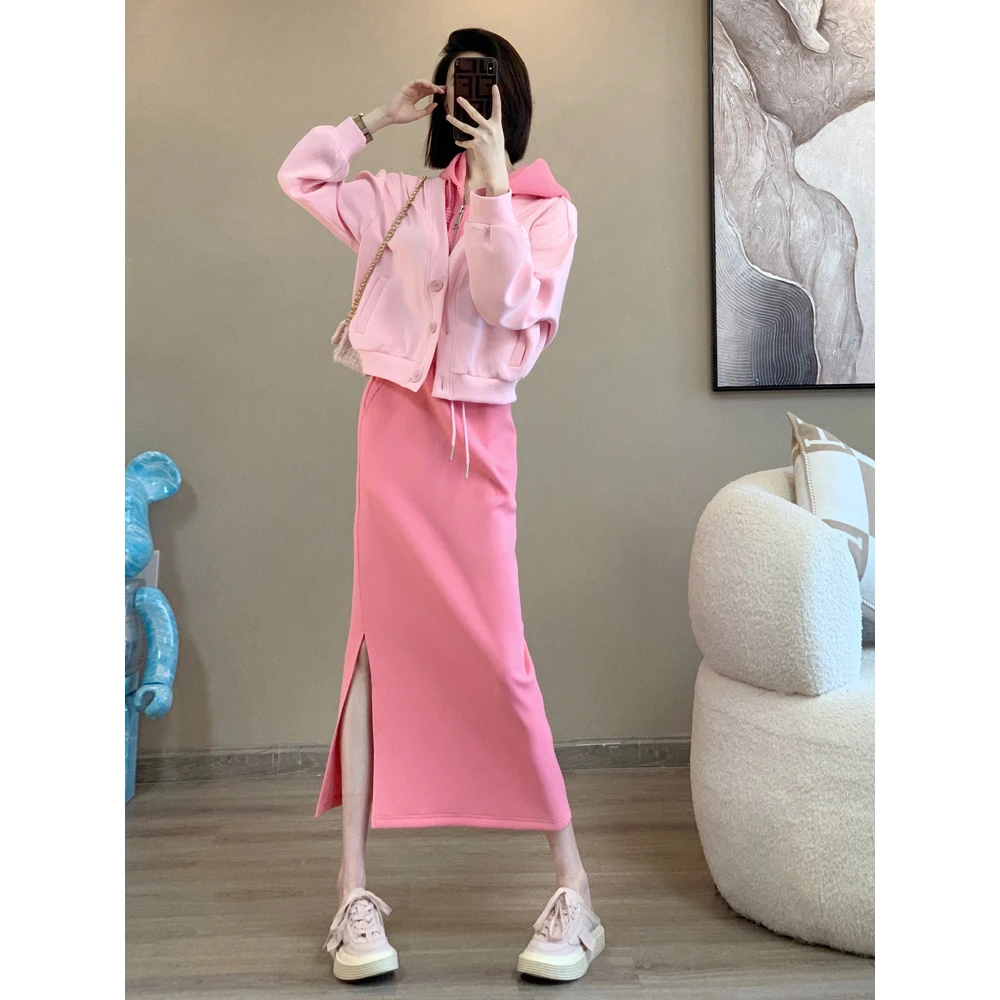 时尚休闲运动衣服套装女秋冬洋气高级感假两件卫衣半身裙两件套