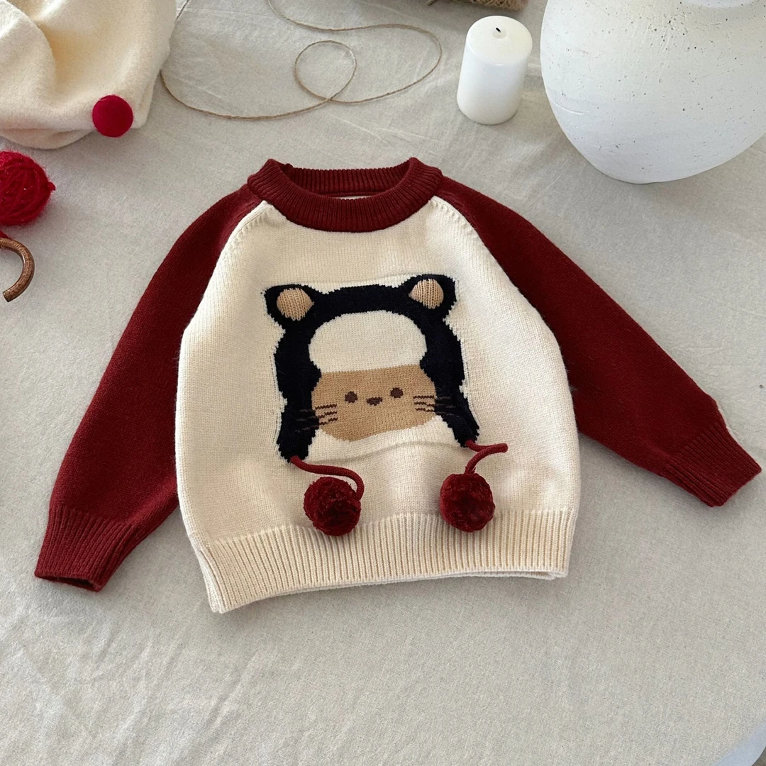 女童卡通针织插肩袖一体绒2024新款韩版儿童毛衣秋冬季