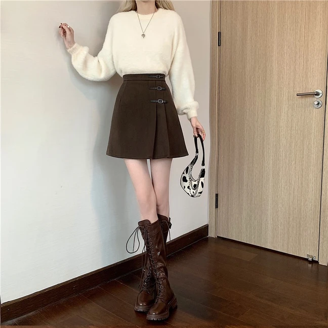 大码毛呢百褶裙女秋冬2024防走光a字半身裙胖mm显瘦小个子短裙