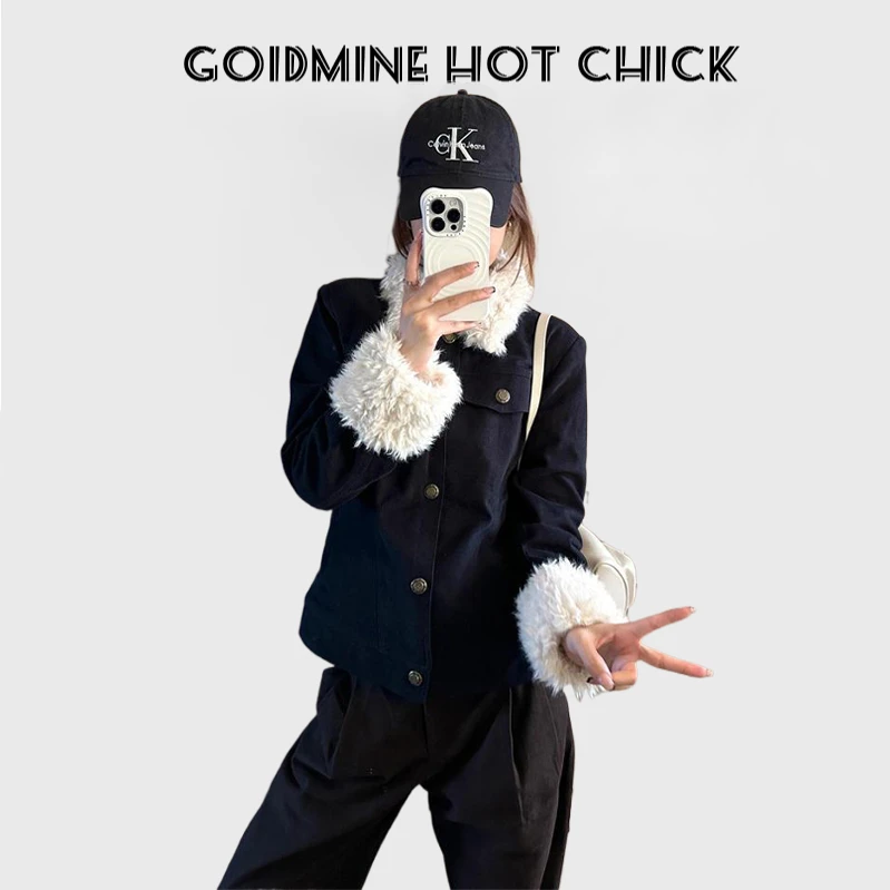 藏蓝色短款夹棉毛领外套女2024冬季新款ins时尚修身显瘦百搭上衣