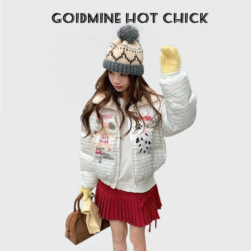 美式手绘涂鸦拼羔毛条纹短棉服女2024冬季新款小众加厚面包棉袄潮