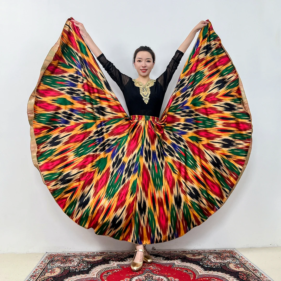 B新疆艾德莱斯花色款提花缎面舞蹈裙定位花半身裙/720大摆/带衬裙