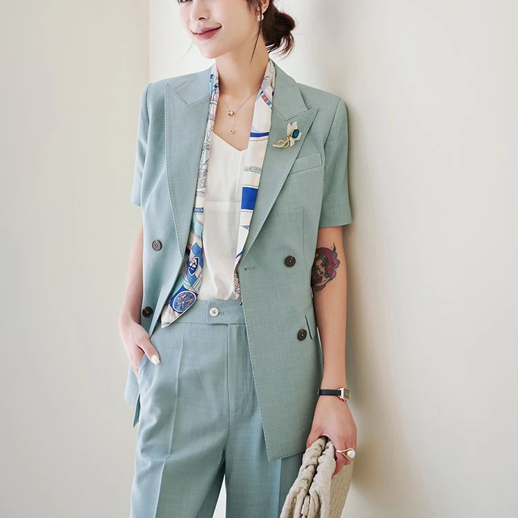 一九二九沪匠夏季青瓷蓝气质时尚显瘦通勤双排扣短袖西装套装薄款