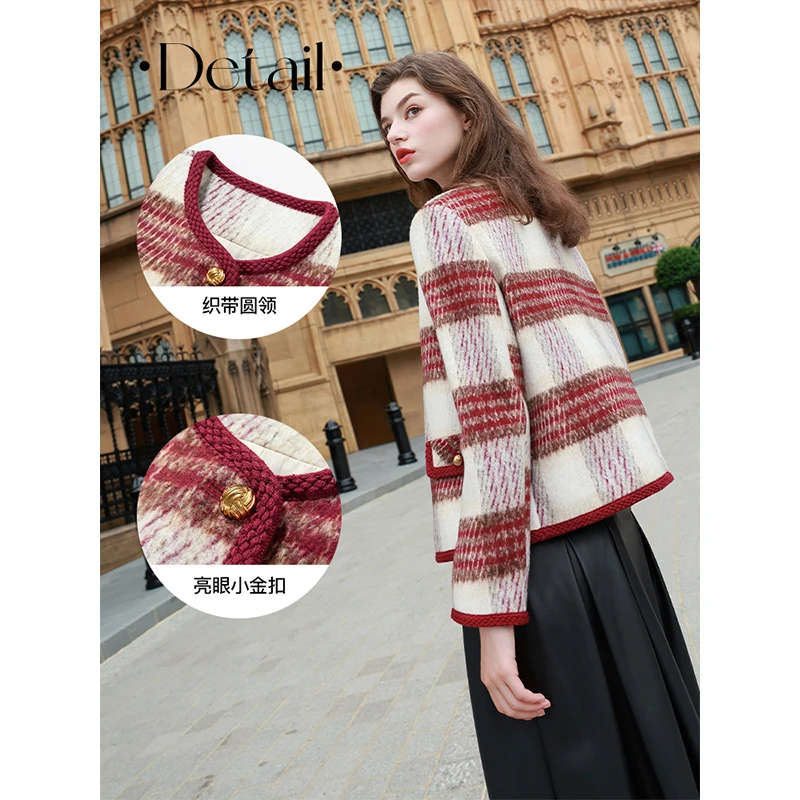三彩女装2024冬季新款香风毛呢大衣圆领短款复古格纹外套宽松女