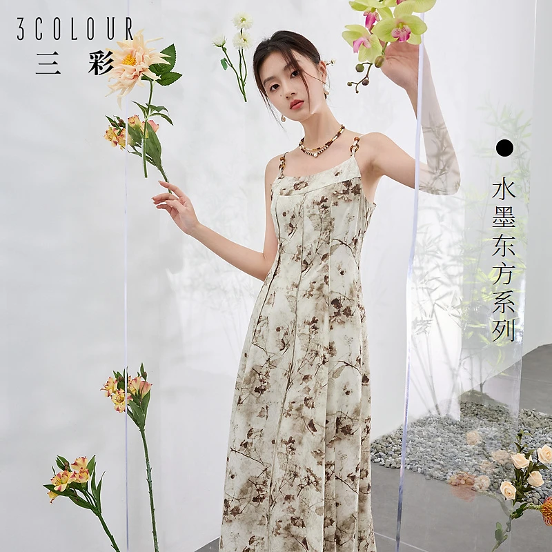 三彩【浮萍拈香】2024夏新款新中式印花吊带裙连衣裙大摆长裙C