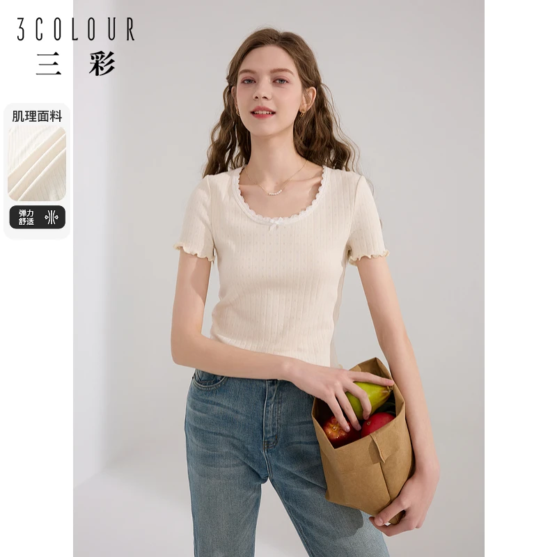 三彩女装2024夏新款蝴蝶结T恤圆领木耳边正肩短袖修身短款芭蕾风M